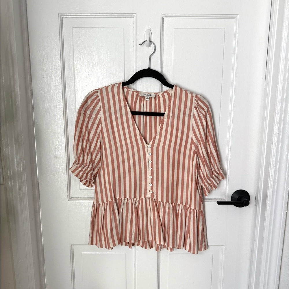 Madewell Pink Puff Sleeve Peplum Blouse